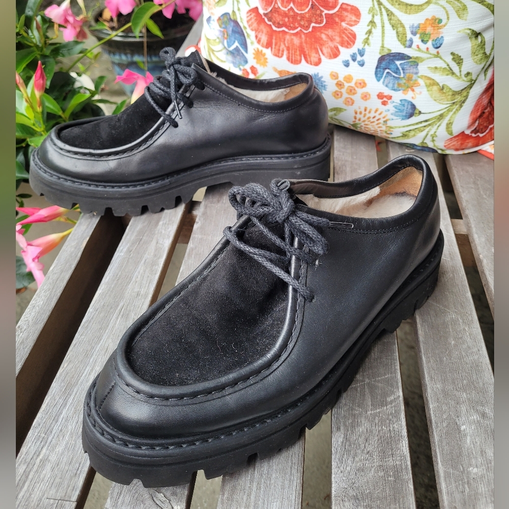 Women's Black Chunky Lace-Up Leather Shoes